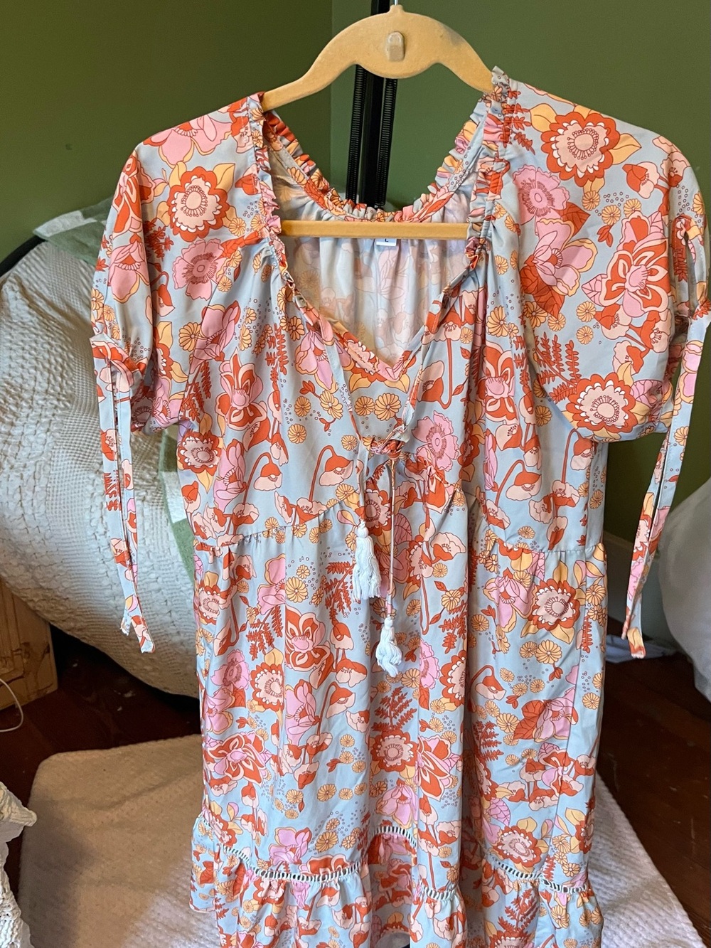 Floral Boho Peasant Dress in Mint Green, Coral & Pink